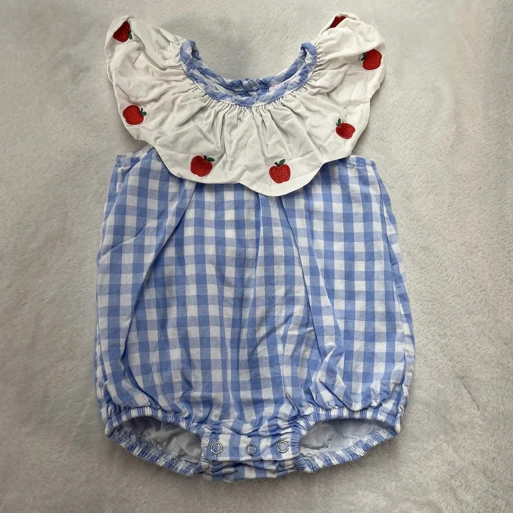 Stitchy Fish Embroidered Bubble Romper Baby Girl 6m Checkered Apples Summer